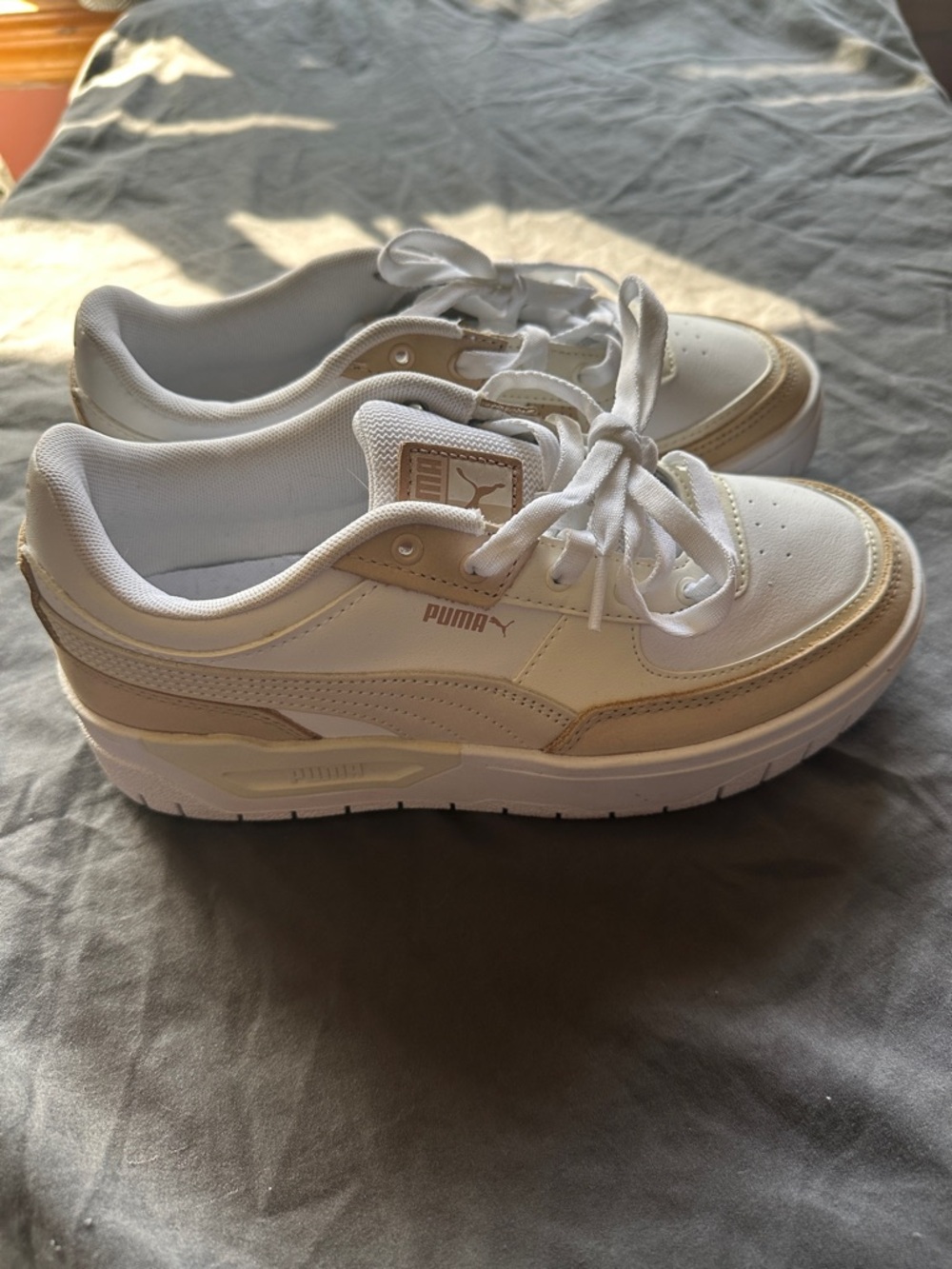 Puma White and Beige Low-Top Platform Sneakers